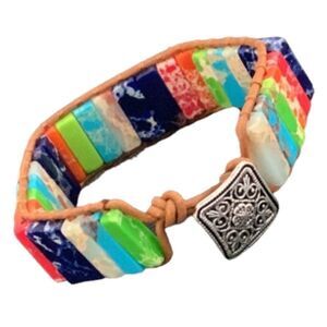 Chakra Jasper Stone Bead Bracelet with Silver Tone Button